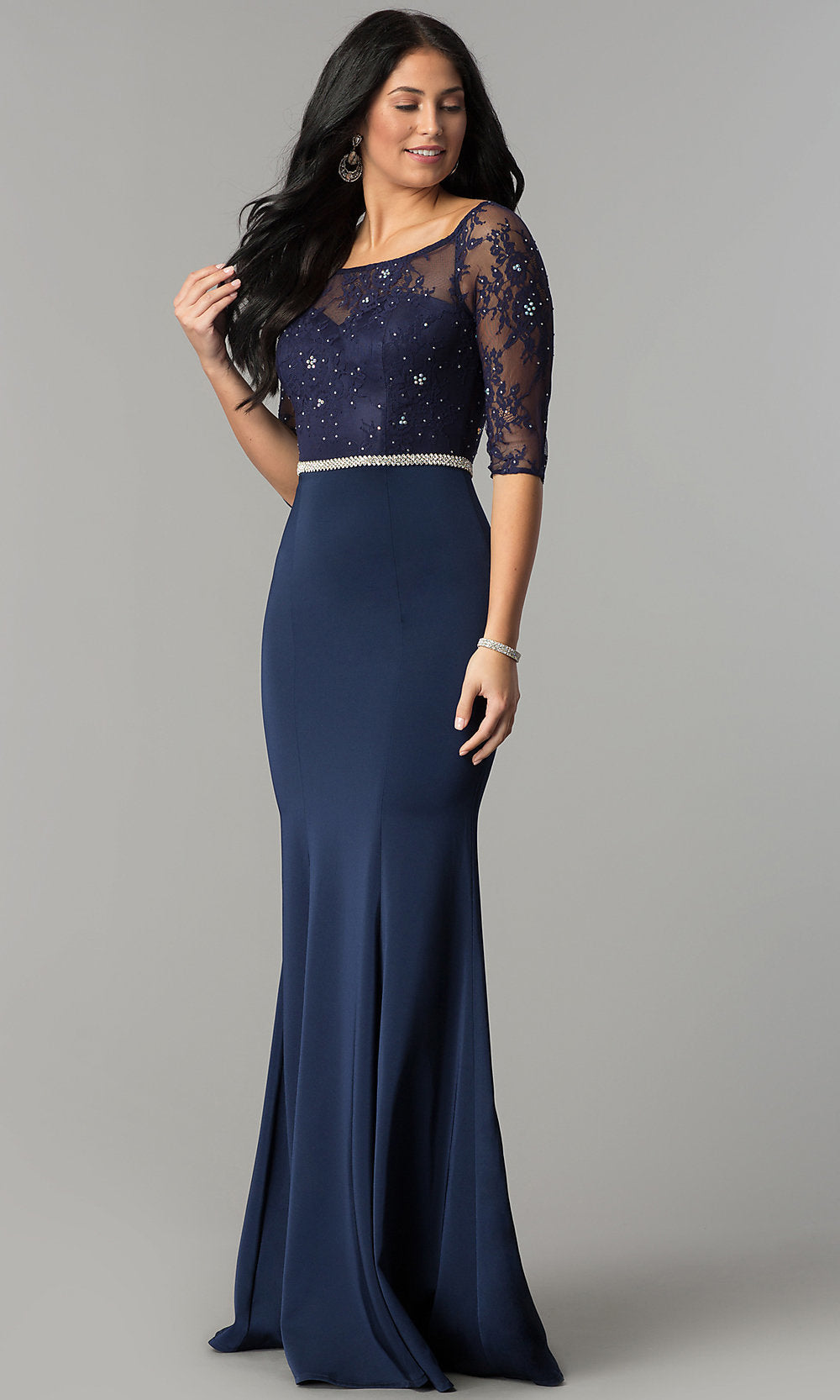 Navy Formal Dress with Sheer Lace Three-Quarter Sleeves