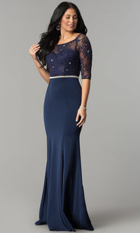 navy blue formal dress with sleeves Long Lace Split Prom Radiating beadwork enhances the waist and adds refined shimmer V Lady Black Tie - Novalee