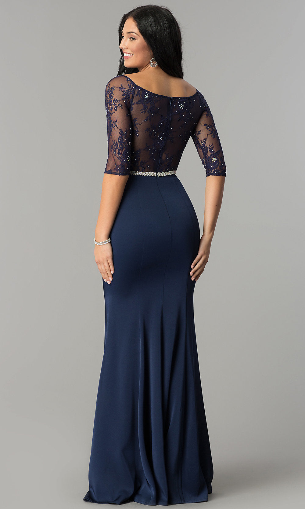Three-Quarter-Sleeve Lace-Bodice Long Prom Dress Plum / XSmall Three-Quarter-Sleeve Lace-Bodice Long Prom Dress Plum / XSmall