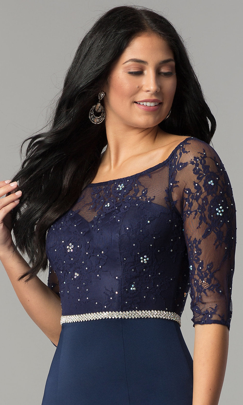  Formal Dress with Sheer Lace Three-Quarter Sleeves
