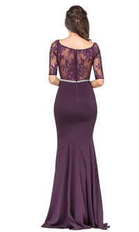 Plum Formal Dress with Sheer Lace Three-Quarter Sleeves