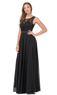 Black Chiffon Formal Evening Gown with Lace Bodice