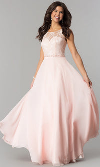 Blush Chiffon Formal Evening Gown with Lace Bodice