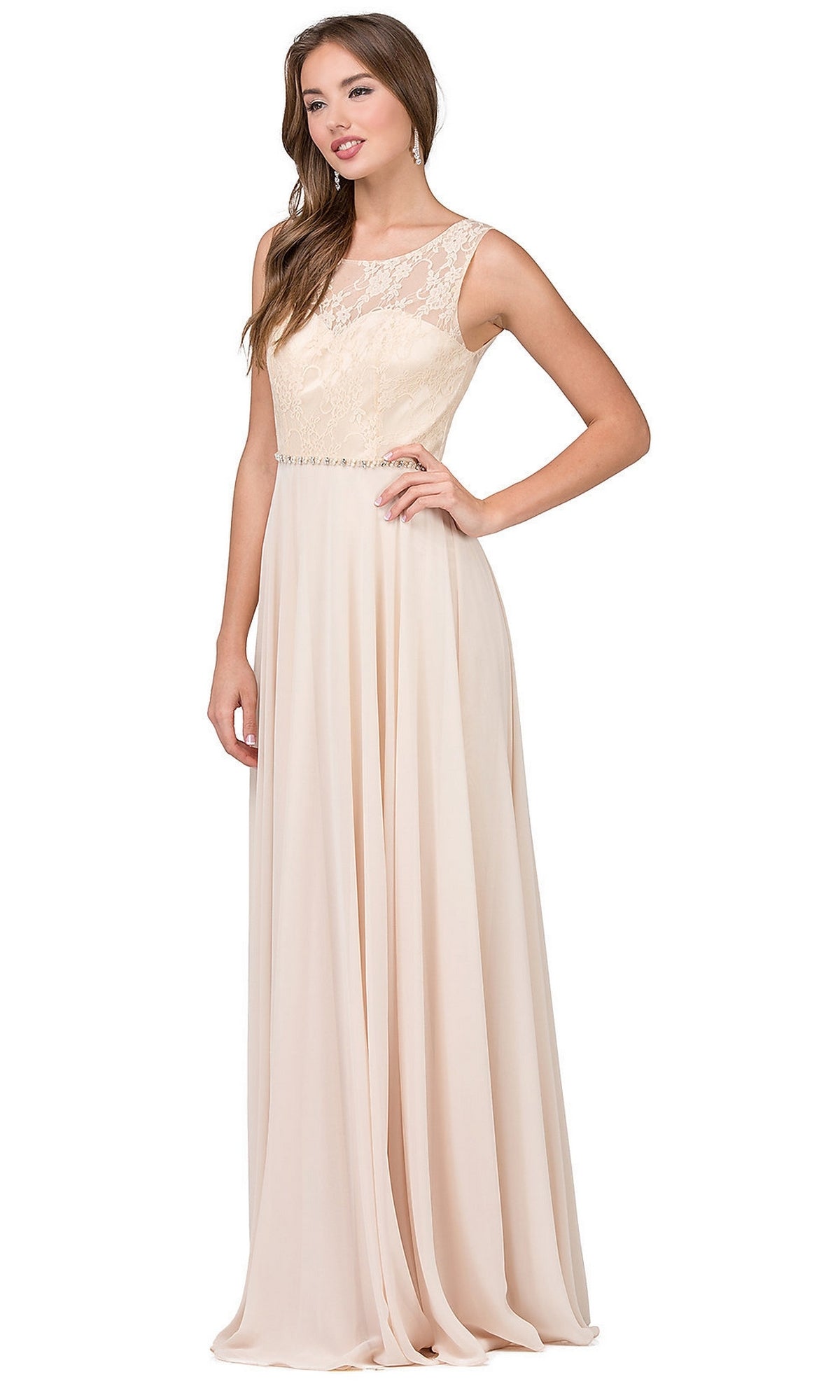 Champagne Chiffon Formal Evening Gown with Lace Bodice