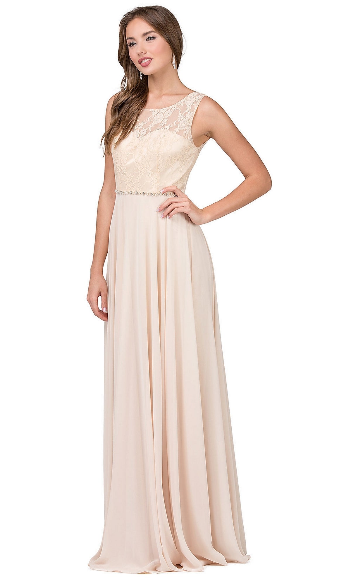 Champagne Chiffon Formal Evening Gown with Lace Bodice
