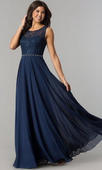 Navy Chiffon Formal Evening Gown with Lace Bodice
