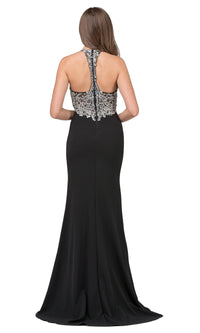 Black T-Back V-Neck Formal Dress With Beaded Bodice