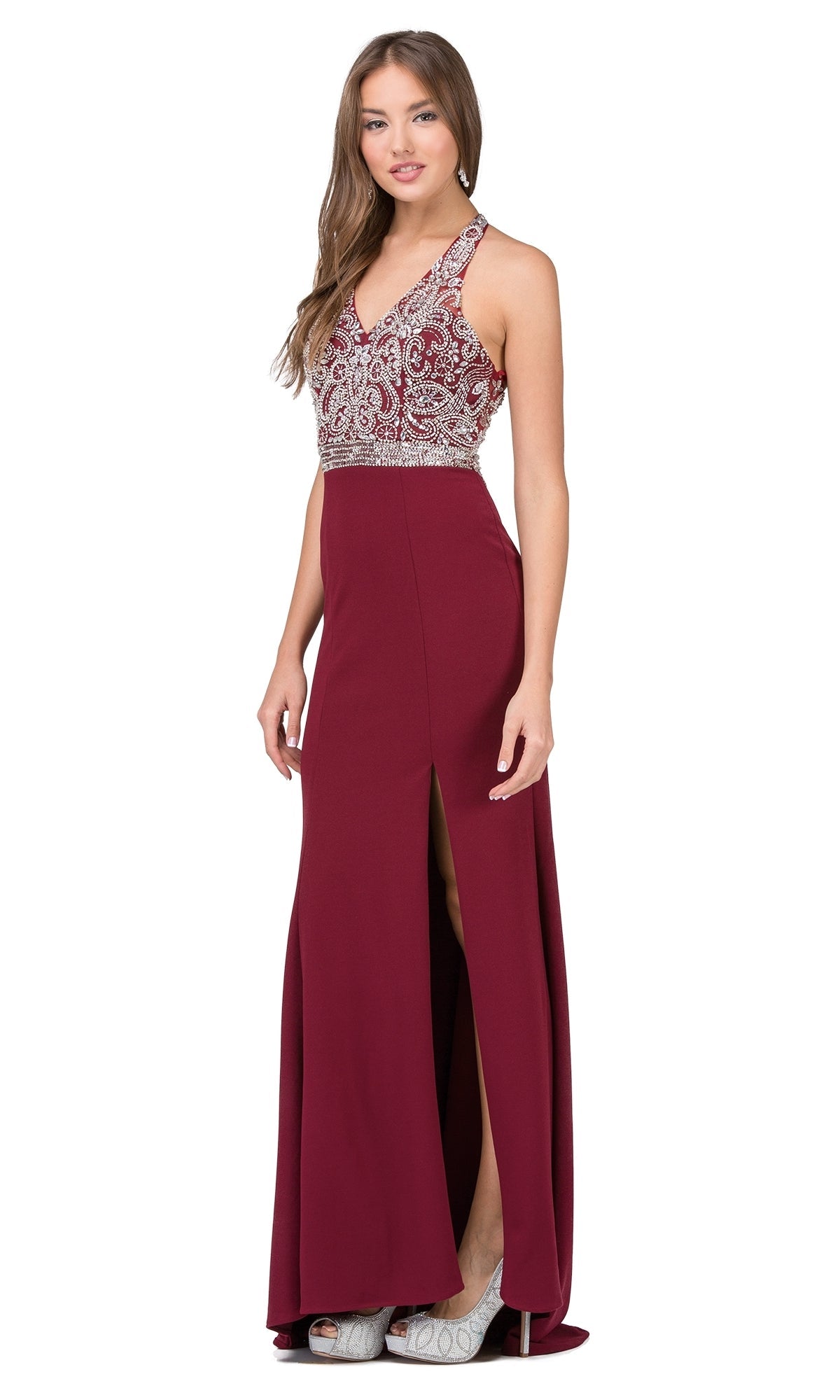 Burgundy T-Back V-Neck Formal Dress With Beaded Bodice