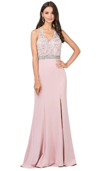 Dusty Pink T-Back V-Neck Formal Dress With Beaded Bodice