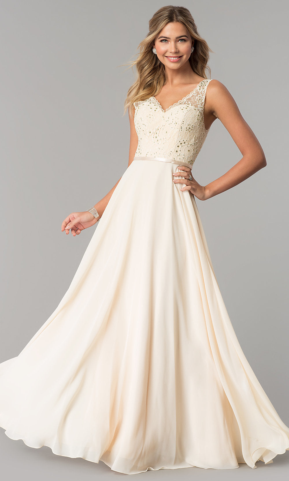 Champagne Sleeveless Lace-Bodice V-Neck Long Formal Dress