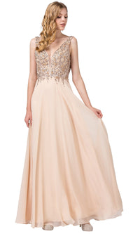 Champagne Backless Chiffon Formal Dress with Beaded Bodice