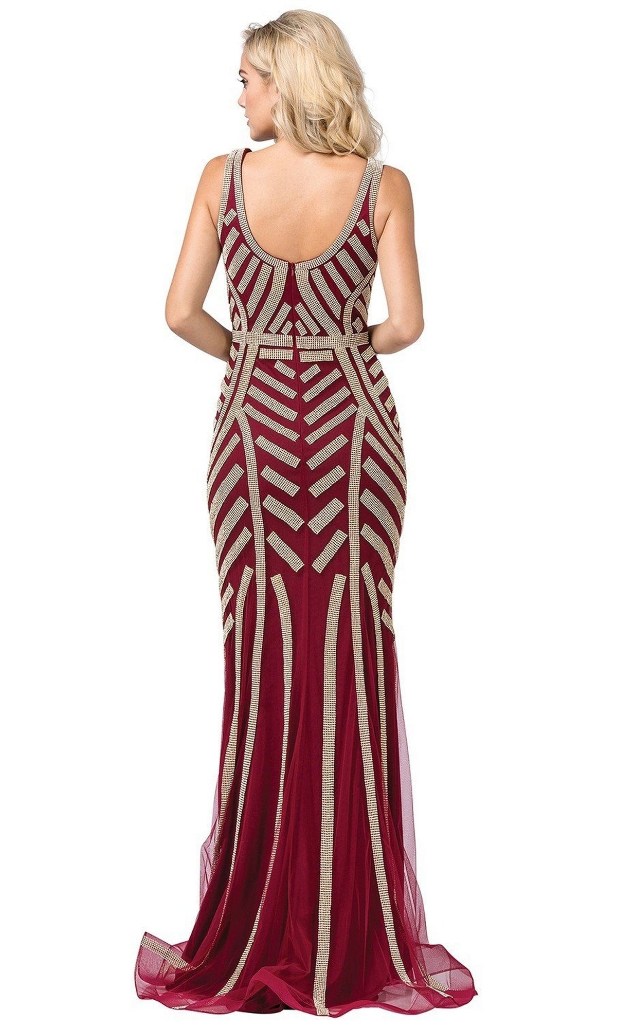Burgundy/Gold Long Formal Dress with Beaded Stripes