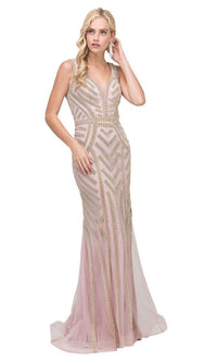 Dusty Pink/Gold Long Formal Dress with Beaded Stripes