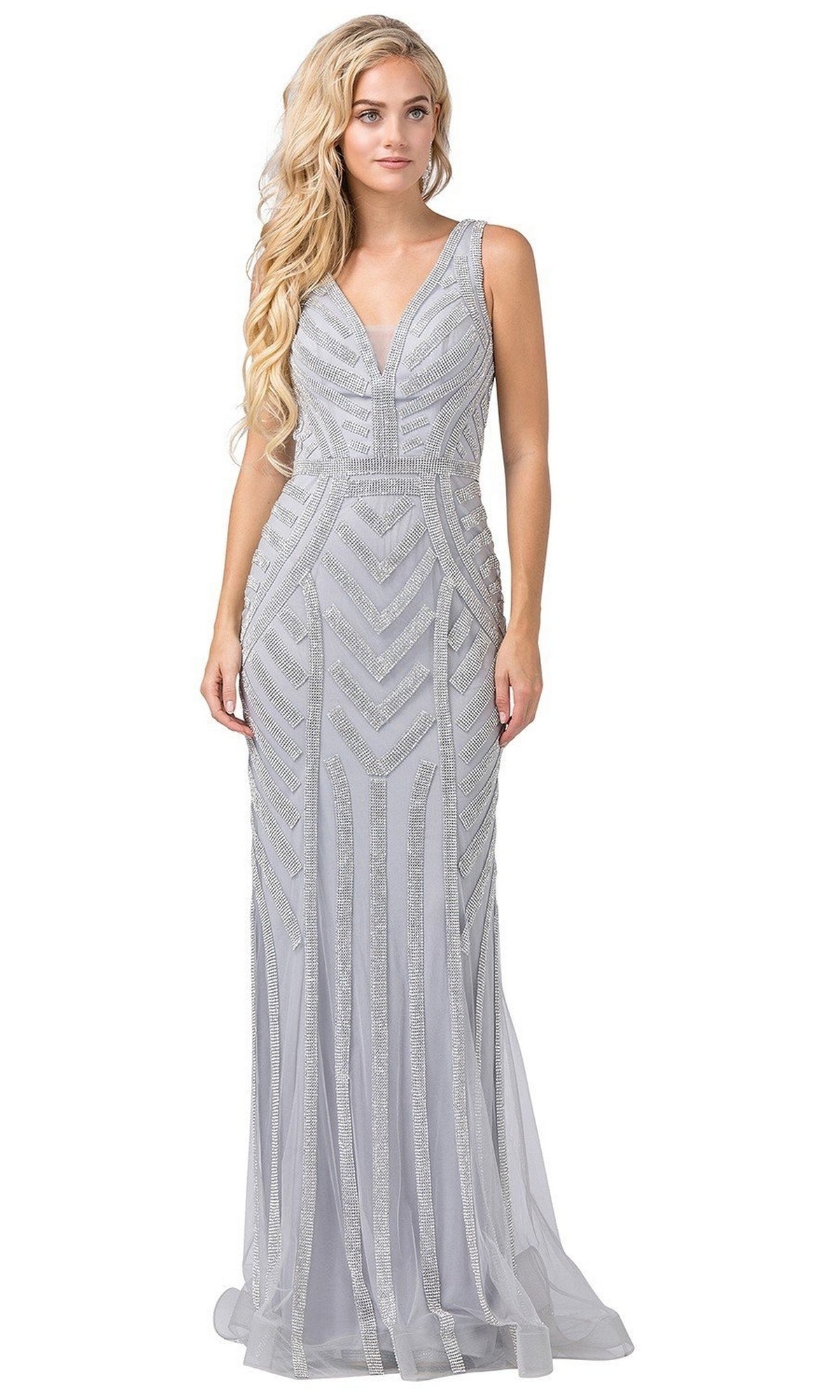 Silver/Silver Long Formal Dress with Beaded Stripes