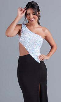 One-Shoulder Black and White Formal Dress with Sequins One-Shoulder Black and White Formal Dress with Sequins