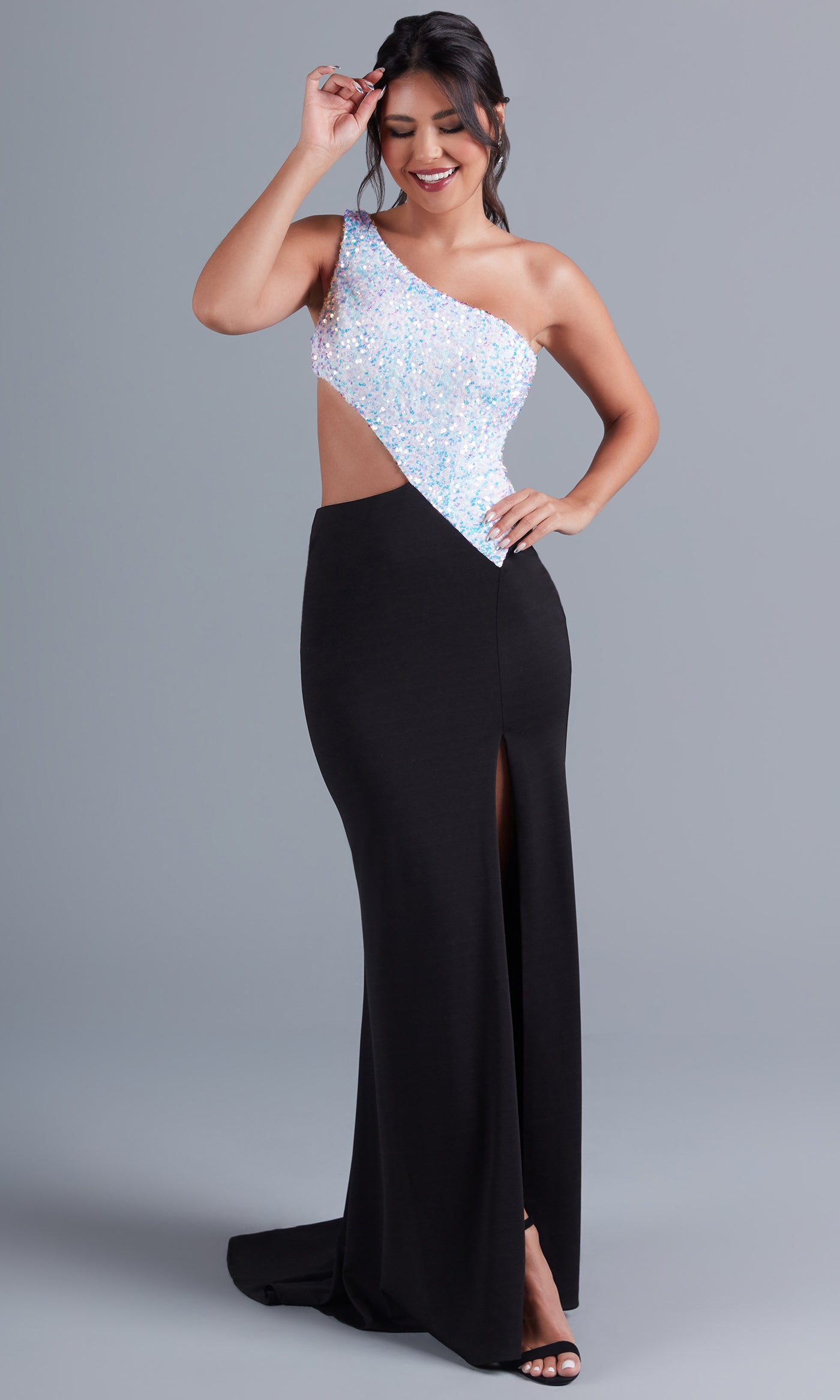 White/Black One-Shoulder Black and White Long Formal Dress