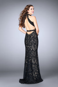  High-Neck Open-Back Beaded Lace Prom Dress