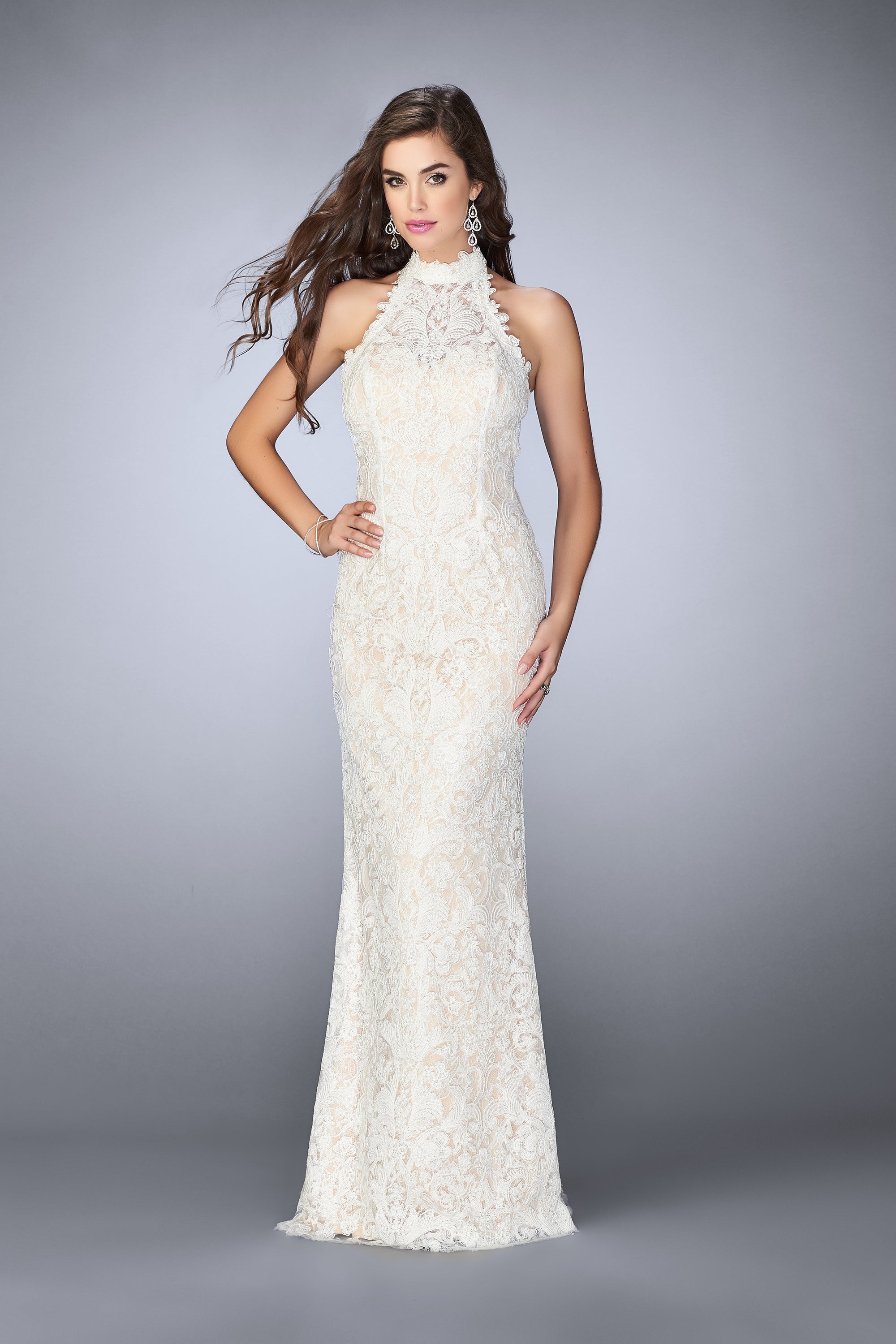 White High-Neck Open-Back Beaded Lace Prom Dress