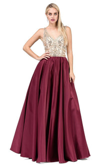 Burgundy Beaded-Bodice Classic Formal Ball Gown with Pockets