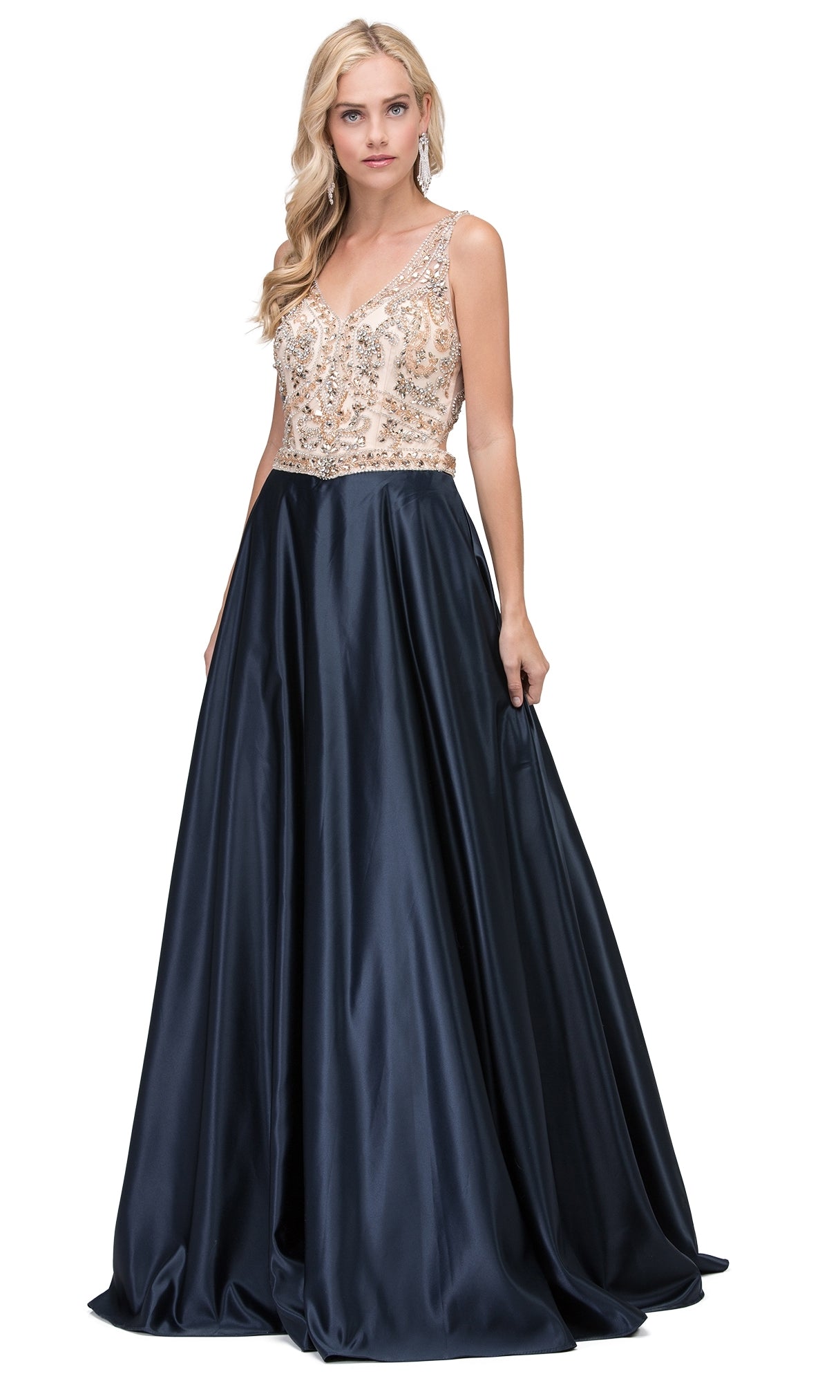 Navy Beaded-Bodice Classic Formal Ball Gown with Pockets