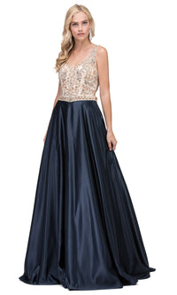 Navy Beaded-Bodice Classic Formal Ball Gown with Pockets