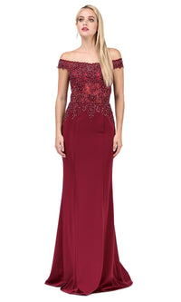 Burgundy Off-Shoulder Long Formal Dress with Back Cut Out