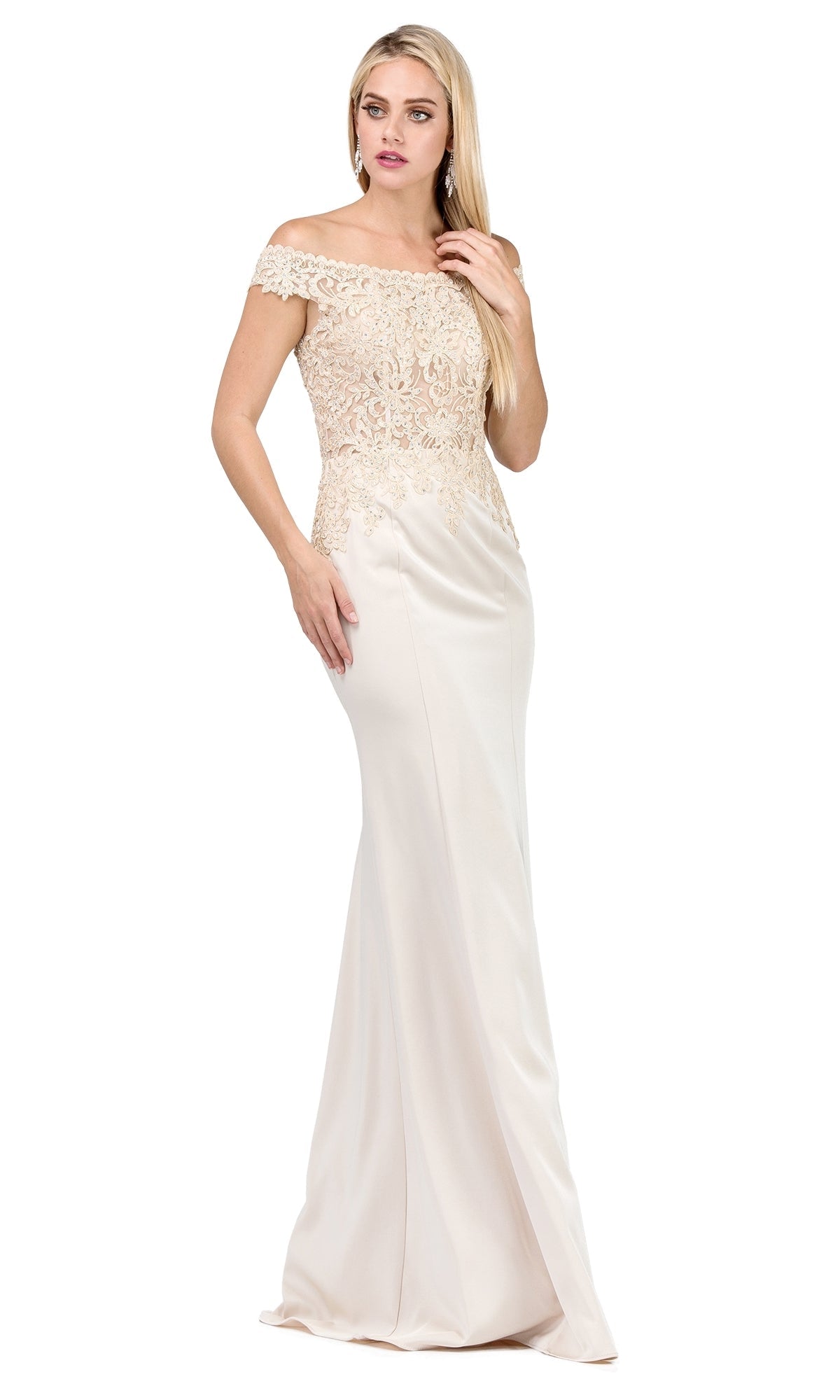 Champagne Off-Shoulder Long Formal Dress with Back Cut Out