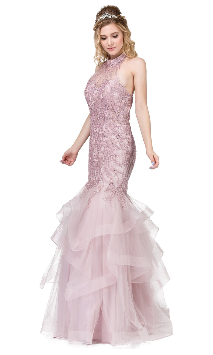 Dusty Pink High-Neck Mermaid Evening Gown with Cut-Out Back
