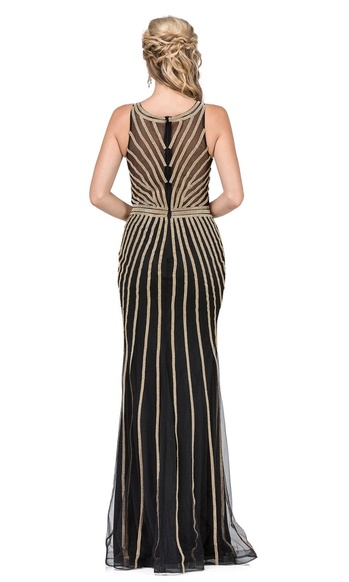 Black Long Formal Evening Dress with Gold Beaded Stipes
