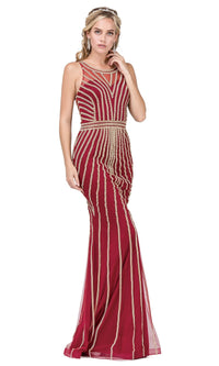 Burgundy Long Formal Evening Dress with Gold Beaded Stipes