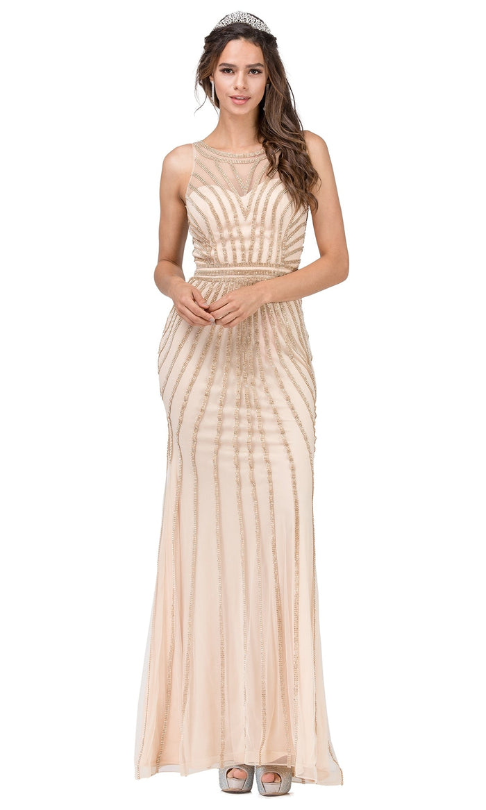 Gold Long Formal Evening Dress with Gold Beaded Stipes
