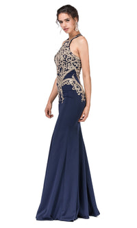 Navy High-Neck Long Formal Dresses with Gold Details