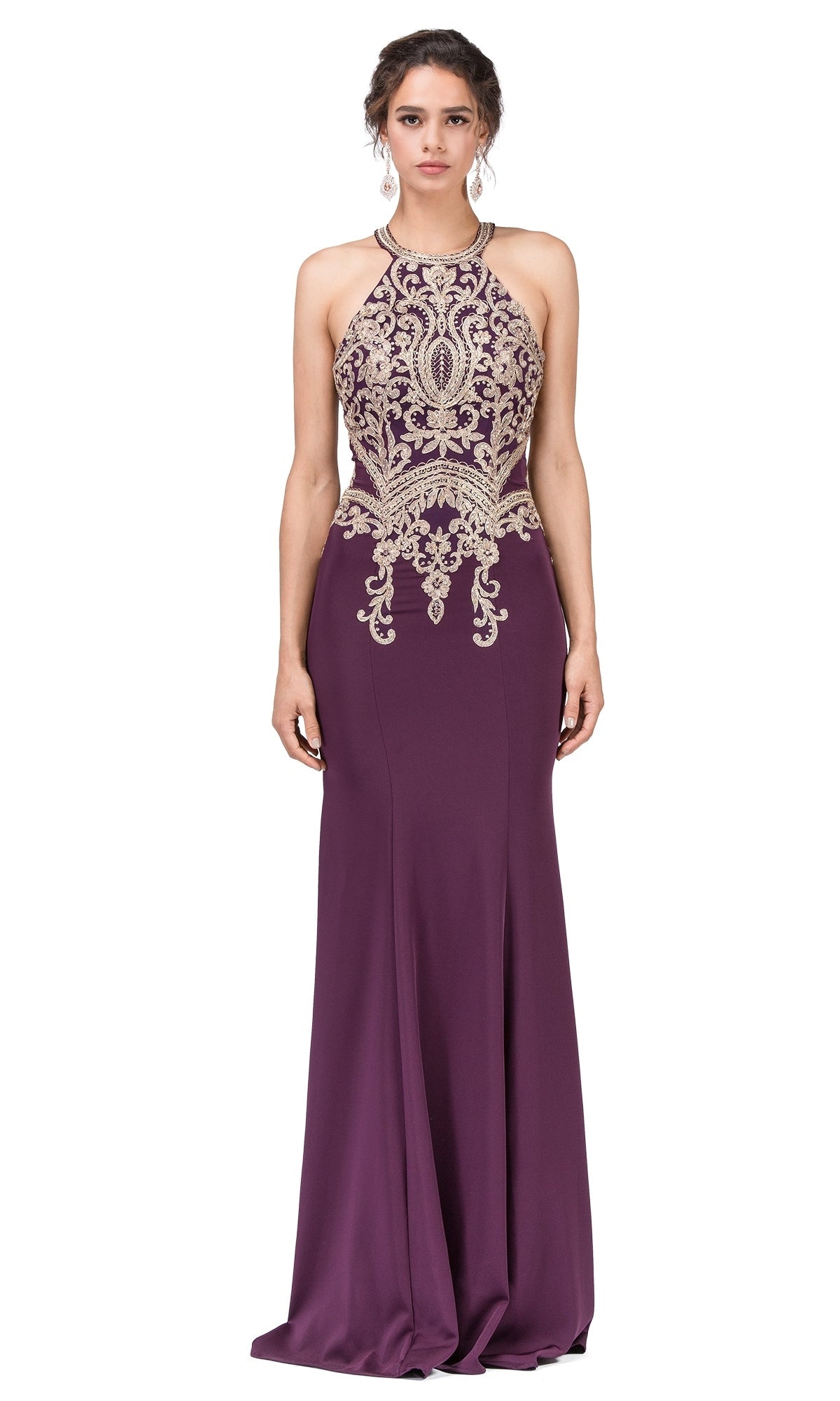 Plum High-Neck Long Formal Dresses with Gold Details