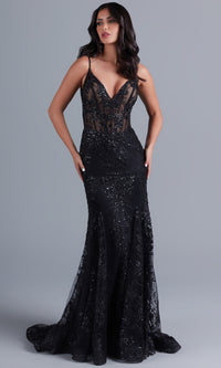 Black Sheer-Corset Long Prom Dress with Sequin Pattern