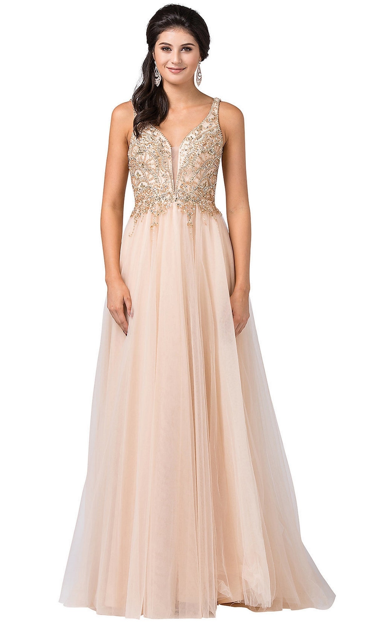 Champagne V-Neck Formal Evening Ball Gown with Beaded Bodice