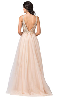  V-Neck Formal Evening Ball Gown with Beaded Bodice