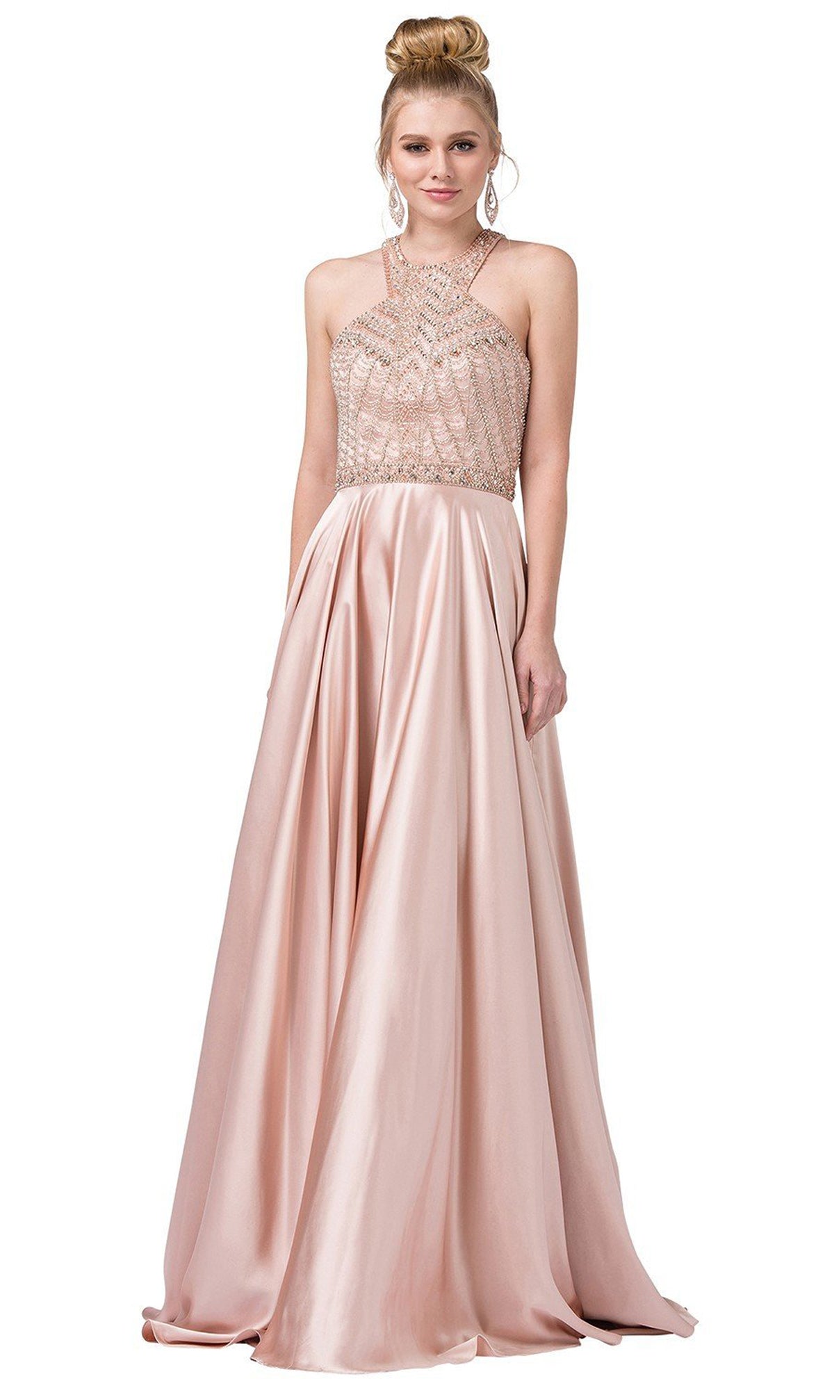 Rose Gold A-Line High-Neck Formal Dress with Beaded Bodice