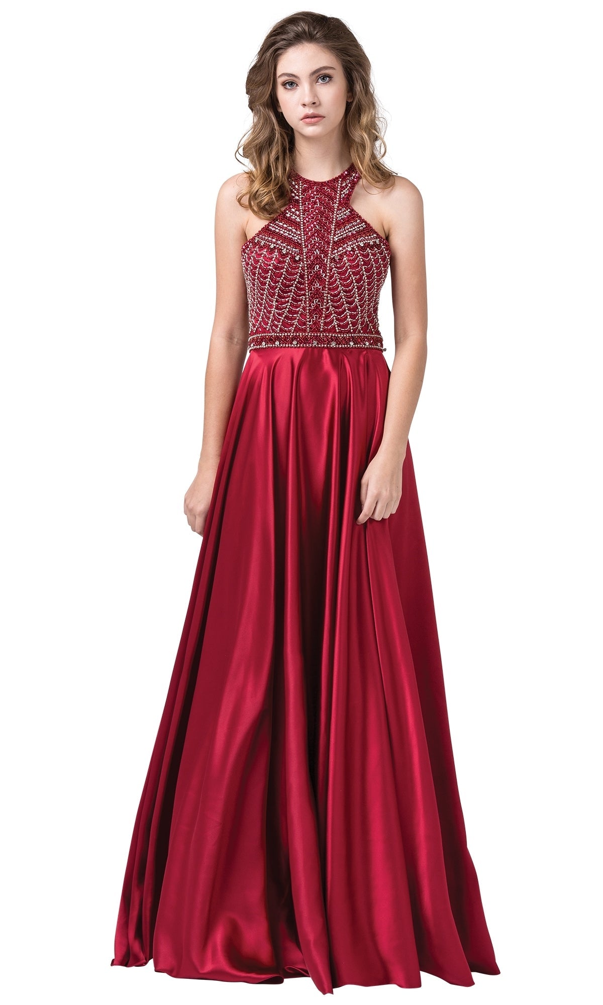 Burgundy A-Line High-Neck Formal Dress with Beaded Bodice