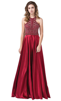 Burgundy A-Line High-Neck Formal Dress with Beaded Bodice
