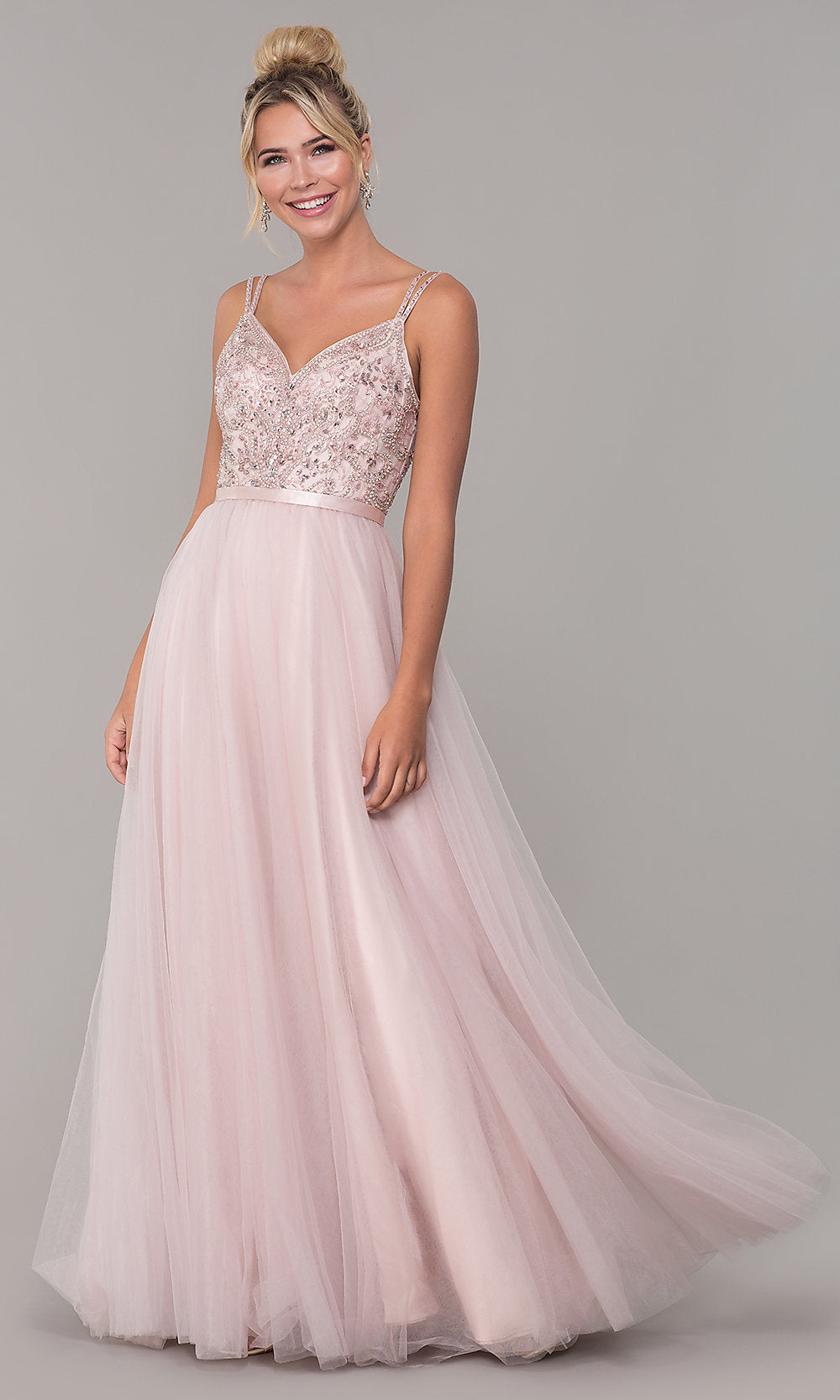 Dusty Pink Long Prom Dress with Rhinestone-Beaded Bodice