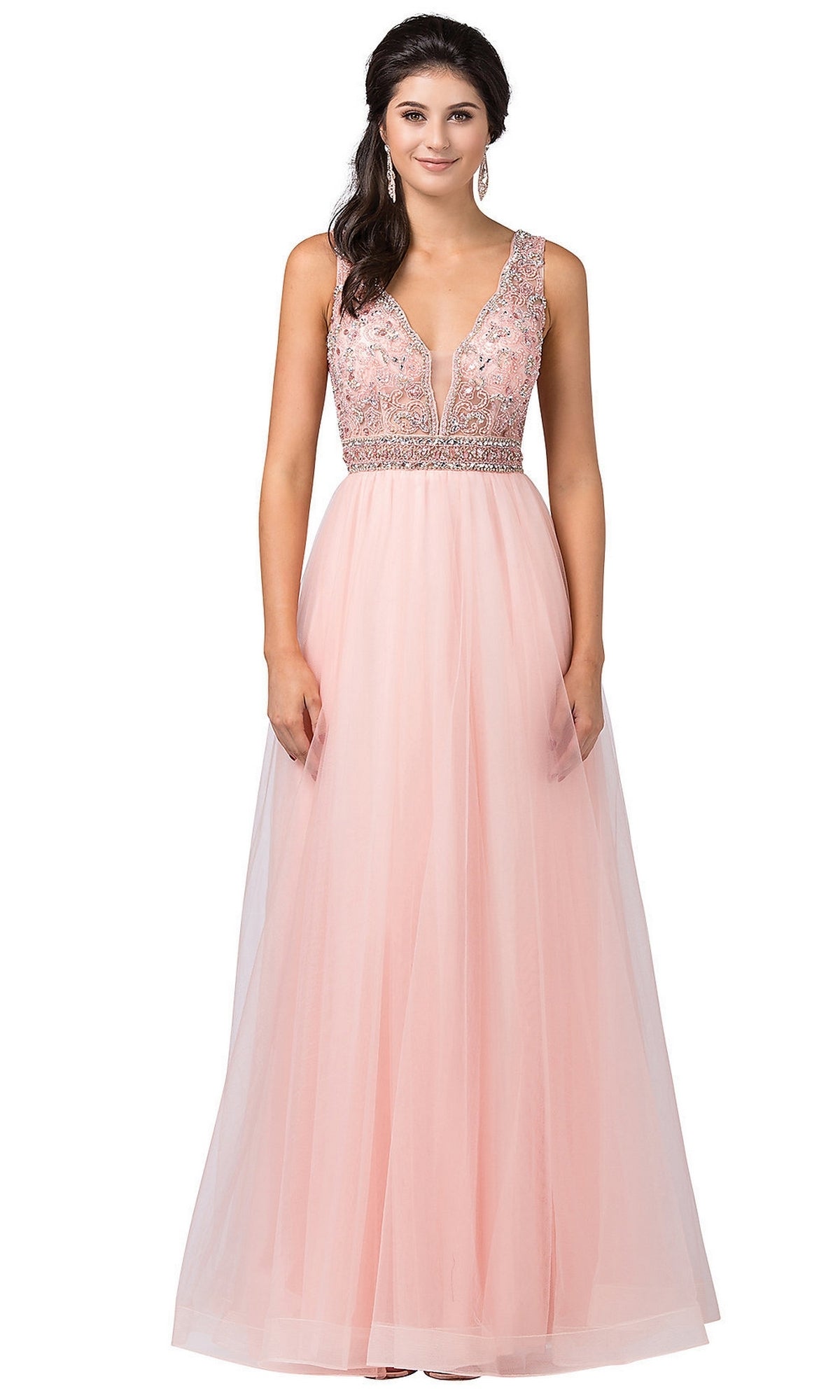 Blush Formal Ball Gown with Embellished Sheer Bodice