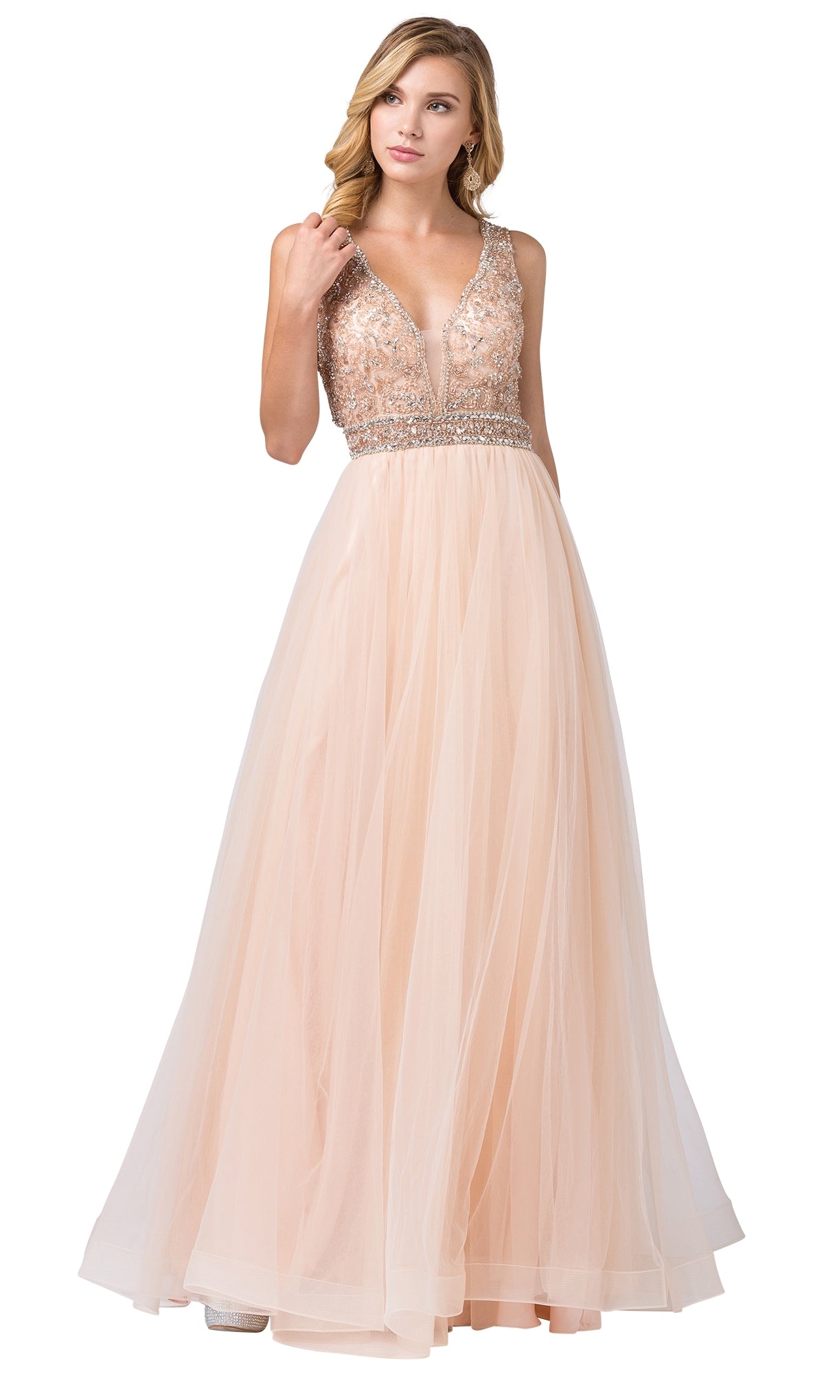 Champagne Formal Ball Gown with Embellished Sheer Bodice