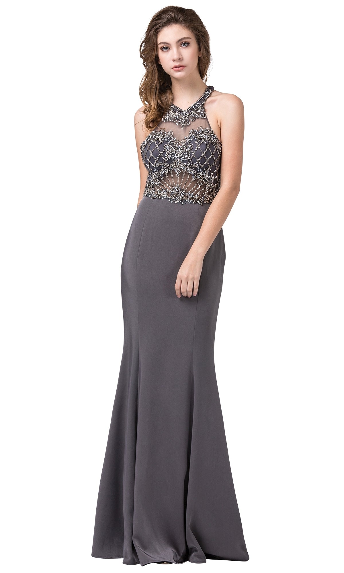 Sheer-Bodice Dark Silver Long Prom Dress - PromGirl Dark Silver / Small Sheer-Bodice Dark Silver Long Prom Dress - PromGirl Dark Silver / Small
