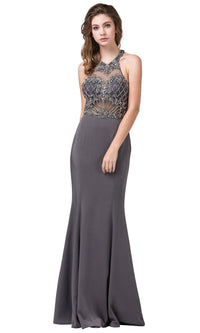 Sheer-Bodice Dark Silver Long Prom Dress - PromGirl Dark Silver / Small Sheer-Bodice Dark Silver Long Prom Dress - PromGirl Dark Silver / Small
