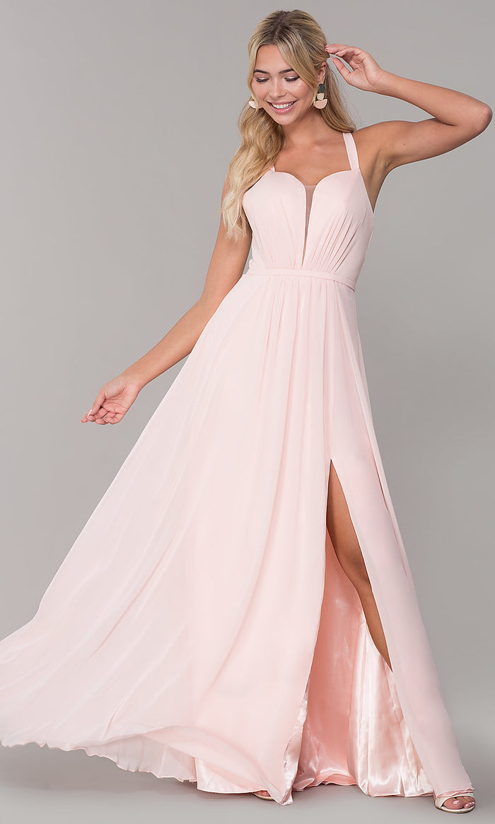 Blush Long Sleeveless Pleated-Bodice Chiffon Prom Dress