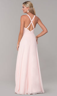  Long Sleeveless Pleated-Bodice Chiffon Prom Dress