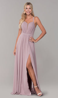 Mocha Long Sleeveless Pleated-Bodice Chiffon Prom Dress