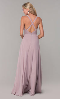  Long Sleeveless Pleated-Bodice Chiffon Prom Dress