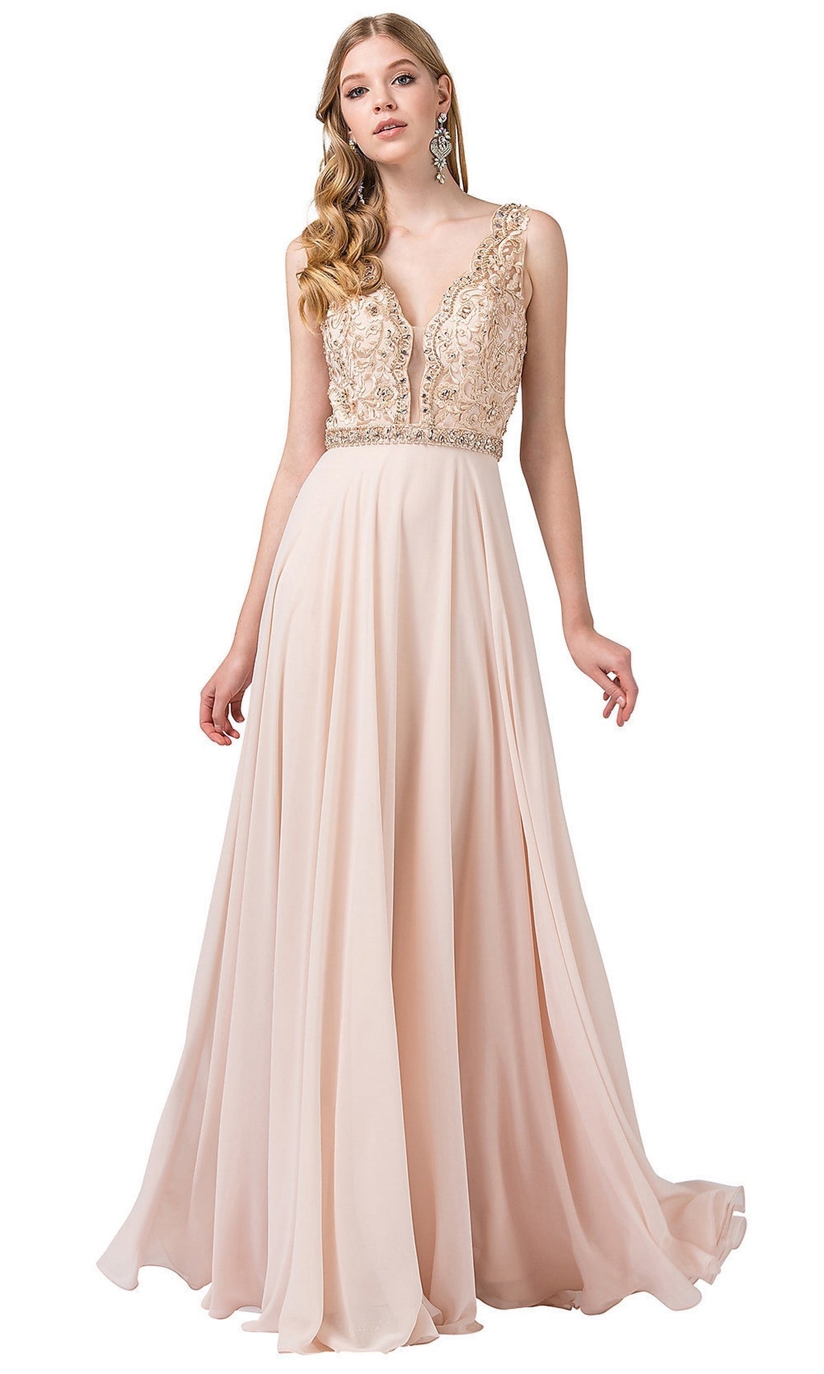 Champagne V-Neck Chiffon Formal Dress with Embroidered Bodice