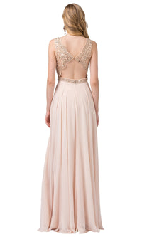  V-Neck Chiffon Formal Dress with Embroidered Bodice